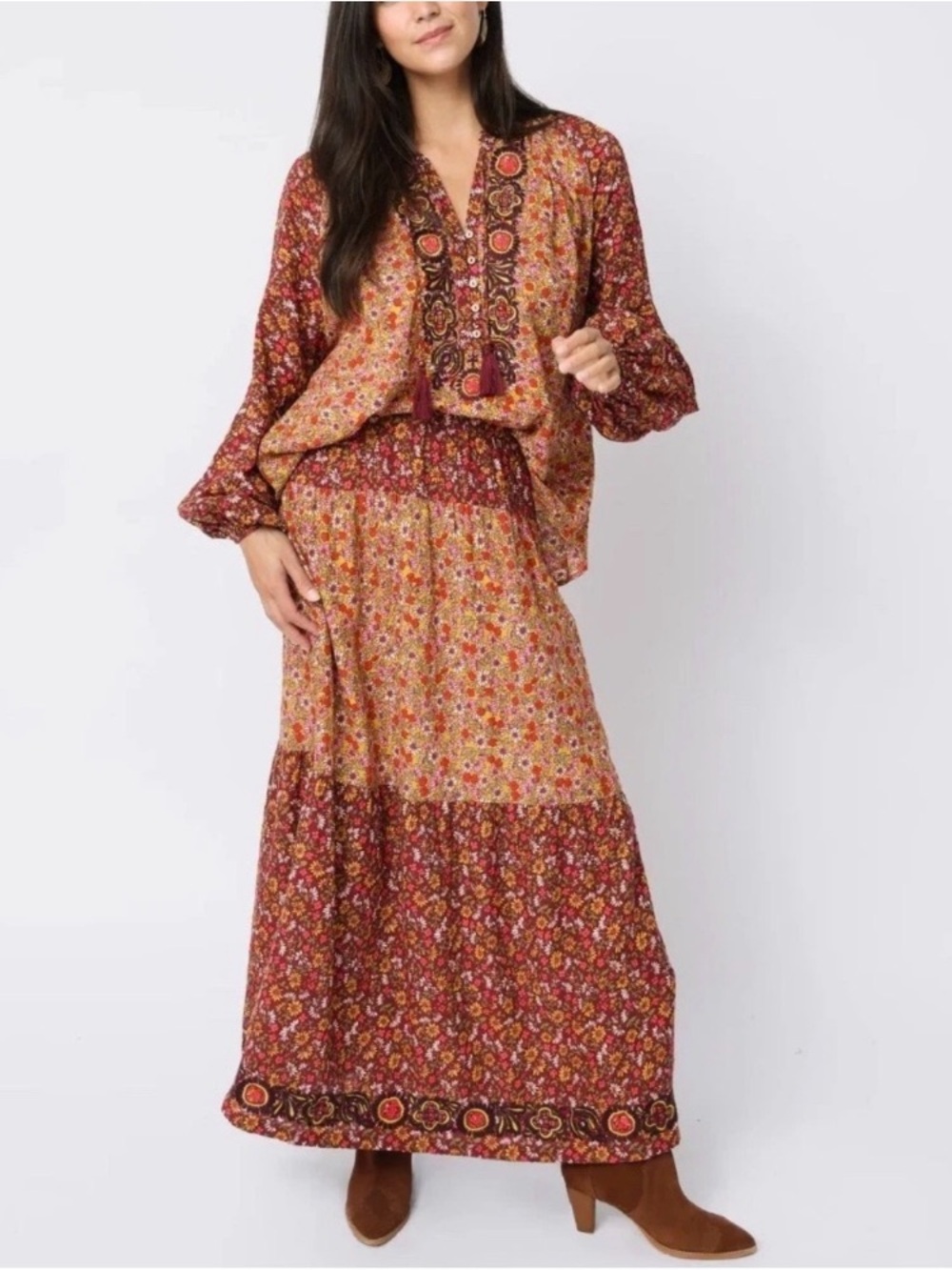 Natural Life Floral Embroidered Boho Maxi Skirt Perfect For Fall! - Picture 7 of 7